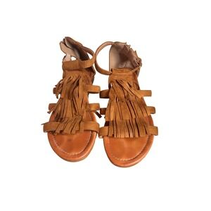 Via Pinky Harmony-21 Tan Faux Suede Fringe Gladiator Sandals Womens 7 Boho Flat